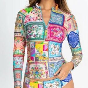 JOHNNY WAS California Patchwork Multi-colored Print Surf Swim Workout Fitted Top